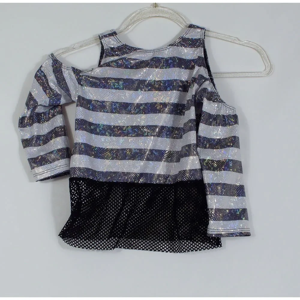 Leo's Dance Wear Girl's Striped Top Cold Shoulder‎ Glitter Mesh Sparkle